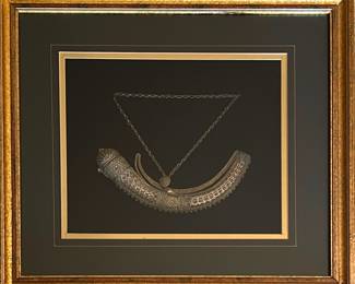 Framed Antique Omani Silver Gunpowder Flask. Could be 800 silver, not tested