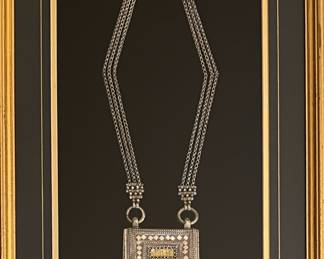 Antique Framed Omani Silver Amulet Box (Hirz) & Necklace with Applied Gold Plaques. Could be 800 silver and gold, not tested