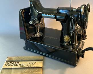 Vintage Singer Featherweight 221 Sewing Machine with Attachments and Original Case