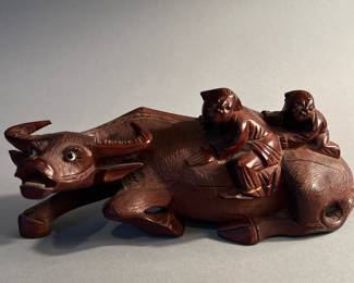 Vintage Chinese Water Buffalo Wood Carved Sculpture