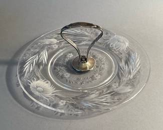 Vintage Hawkes Etched Crystal with Sterling Silver Handle Serving Dish