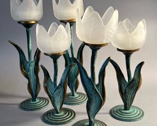 Set of 5 Vintage Brass Verdigris Tulip Candle Holders