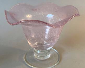 Art Glass Controlled Bubble Hand Blown Pink Pedestal Bowl Ruffled Edge