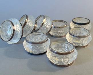 Set of 8 Lalique Style Frosted Glass Napkin Rings with Silver Plate Rim