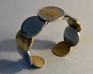 Vintage Milor 14k Gold Bezel 500 Lire Coin Cuff Bracelet, Italy