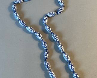 Vintage Chinese Shou Porcelain Bead Necklace with Sterling Silver Clasp