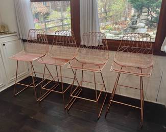 (4) Metal Bar Stools in Rose Gold - $125.00/Set - Sturdy metal stools with a rose gold/ copper finish. Some discoloring visible- see photos for precise condition details. One stool measures 18.5” x 40” x 16.5” (WxHxD) with a seat height of 26.5”.