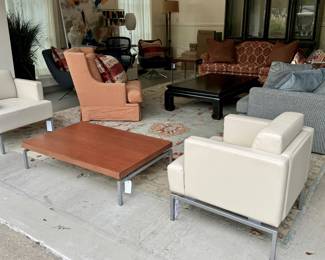 Krug Modern cherry wood and chrome coffee  table, also matching side table