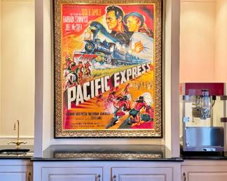 Vintage Pacific Express stone lithograph movie poster mounted on acid-free barrier paper and linen lined to museum paper preservation standards.  Custom framed.