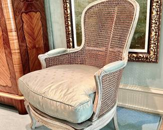 Vintage French cane back chair with custom down cushion, one of pair