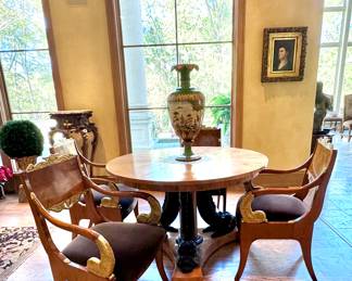 Russian Neo-Classical mahogany and parcel gilt armchair with down-scrolled arms, Circa:  1870, set of 4.  Purchased from Randall Tysinger Antiques, NC
Width: 25”  Depth:  18”  Height 38”