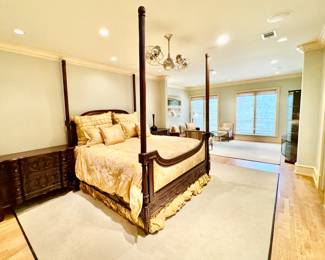 William and Wesley custom made carved walnut and upholstered king bed with matching custom king bedding and pillows
