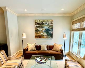 Kroll International Charles Pfister sofa covered in caramel mohair