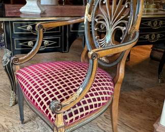 Hand painted Hepplewhite style chair, Fortuny custom upholstered seat