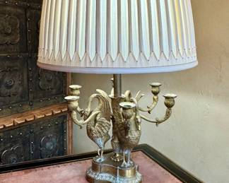 19th waterfowl figural candelabra as lamp, custom pleated silk shade