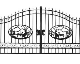 14 Foot - Unused 2023 Greatbear Bi-Parting Iron Gate. With artwork "Deer" in the Middle of Gate Frame.