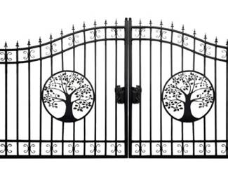 14 Foot - Unused 2023 Greatbear Bi-Parting Iron Gate. With artwork "Tree" in the Middle of Gate Frame.