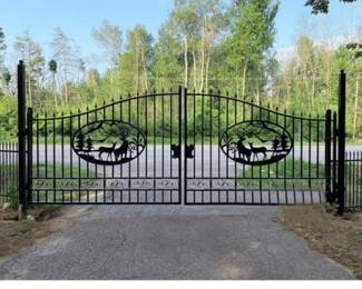 Unused 2024 Greatbear 20ft Bi-Parting Iron Gate. With artwork "Deer" in the Middle of Gate Frame.