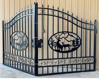 14 Foot - Unused 2023 Greatbear Bi-Parting Iron Gate. With artwork "Deer" in the Middle of Gate Frame.