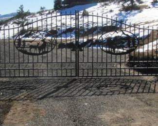 Unused 2024 Greatbear 20ft Bi-Parting Iron Gate. With artwork "Deer" in the Middle of Gate Frame.