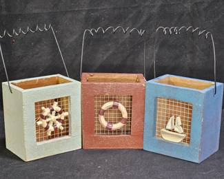 3 Nautical Theme Wooden Boxes with Curly Handles