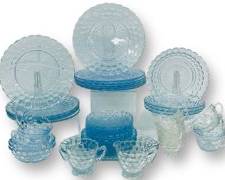 37pc Vintage Blue Bubble Glass Dinner Plates, Divided Plates, Salad Plates, Saucers, Desert Okates, and Tea Cups
