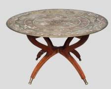 Vintage Middle Eastern Incised Brass Tray Table with Folding Mid Century Modern MCM Wood Base
