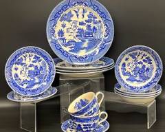 Fine Japanese Blue Willow China Four Dinner Plates, Two Salad Plates, Four Bowls, Two Tea Cups, and One Saucer
