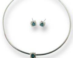 Vintage Fancy Silver Tone Blue Glass Costume Jewelry Statement Necklace & Earrings Set
