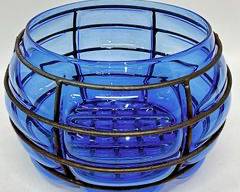 West Virginia Glassworks Blown Cobalt Blue Large Round Bowl with metal Cage surround
