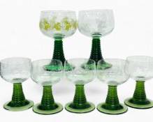 Vintage Schott-Zwiesel Hand Etched Ruwer Green Stemed Goblets Germany 2 Large 5 Small
