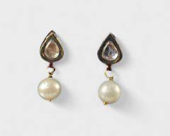 3.8 Grams Fine 14K & Silver Mine Cut Diamond Cultured Pearl Pierced Earrings
