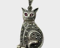 Fine Sterling Silver Marcasite Figural Cat Pendant W/ Gemstone Eyes
