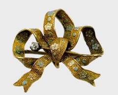 Fine 14K Yellow Gold, Diamond & Enamel Bow Brooch Pin
