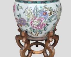 Beautiful Asian Chinoiserie Floral Jardinere Goldfish inside Carved Wood Base
