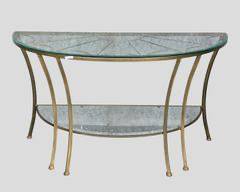 Gilt Painted Iron Spider Web Top Tiered Glass Top Demilune Console Table Hollywood Regency Style
