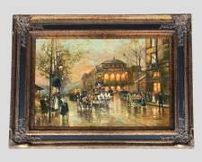 Sebastian Signed Oil on Canvas Street scene Large 35"h x 47" wide Ornate Giltwood Frame
