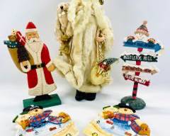 Festive Christmas Decor Set - Vintage Figural Santa , Snowman Plates, and Sign Ornaments
