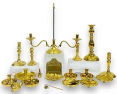 20pc Vintage Solid Brass Candelabra, Candle Holders, Candle Snuffer, Leaf Dish, Snail Figurine, and Scissors
