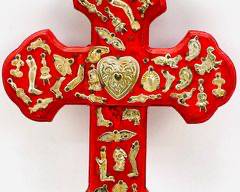Vintage Mexican Folk Art Milagros Red Cross Crucifix W applied Charms
