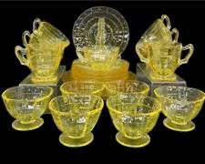 Vaseline Yellow Glass Sherbet Bowls and Saucer with Cups creamer and sugar bowl
