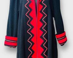 Vintage Wool Blend Coat with Red and Black Modern Abstract Center Detailing, Size M/L
