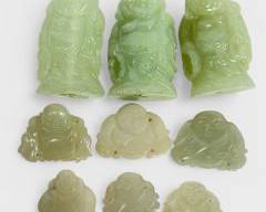 9 Vintage Jade Hand Carved Figural Buddha Beads Lot
