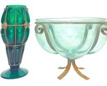 Lovely Vintage Caged Green Blown In Mold Art Glass Metal Vase w/Lion Handles and Caged Glass Footed Bowl
