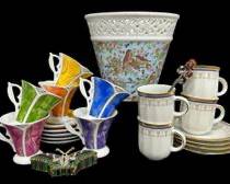 Fine Royal England and Tirschenreuth Bavaria Teacups and Plates, with Baum Bros Birds Chintz Collection Formalities Vase, Hinged Enamel Rhinestone & Metal Butterfly and Rose Teaspoon
