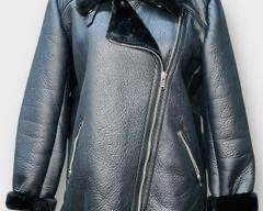 ONLY Black Leather Bomber Jacket With Faux Fur Collar And Cuffs.Size XL
