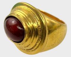 Beautiful MMA Gold Toned Carnelian Etruscan Statement Ring Size 7.5
