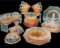 Vintage Pink Depression Glass plates candle sticks cups and bowl
