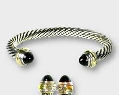 David Yurman Sterling Silver 14K Yellow Gold Cabochon Black Onyx 7mm Classic Cable Cuff Bracelet
