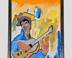 Morris Guardado "Corid Painting" Acrylic on Paper Gilt Wood Frame Abstract Musician
